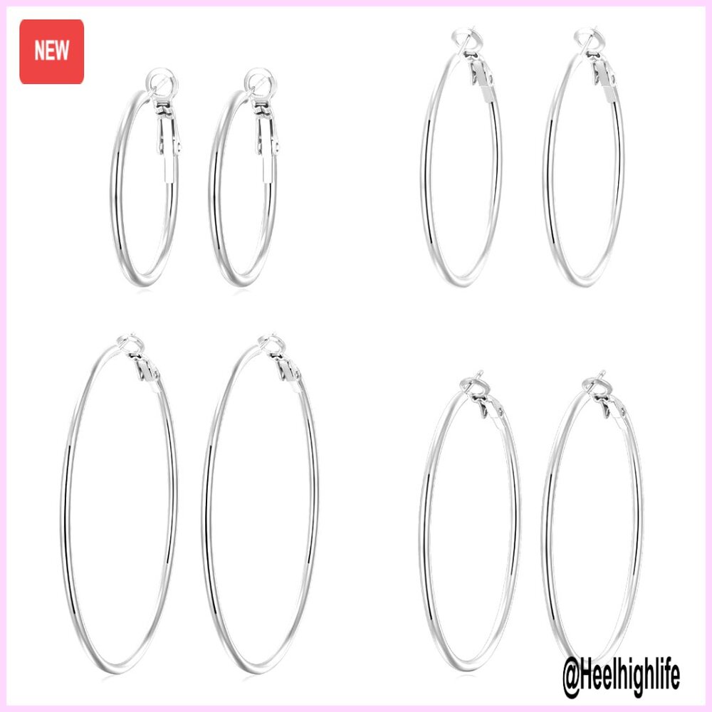 4-Pair Hoop Earrings Set, 14K Gold Plated, Hypoallergenic, 30-60mm Sizes - Picture 1 of 6
